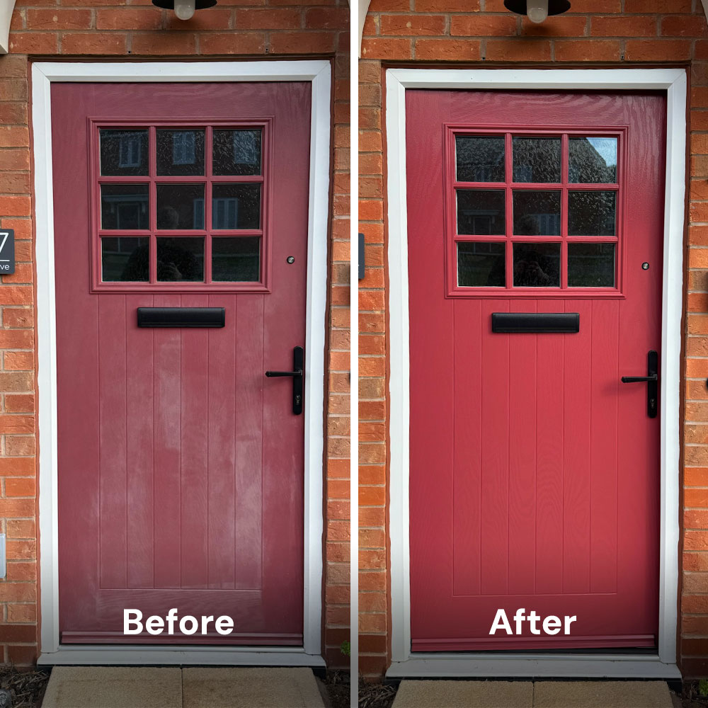 Before and after photo of a faded and then bright red front door