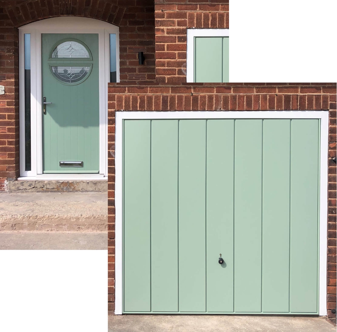Two photos of a sage green garage door and front door.